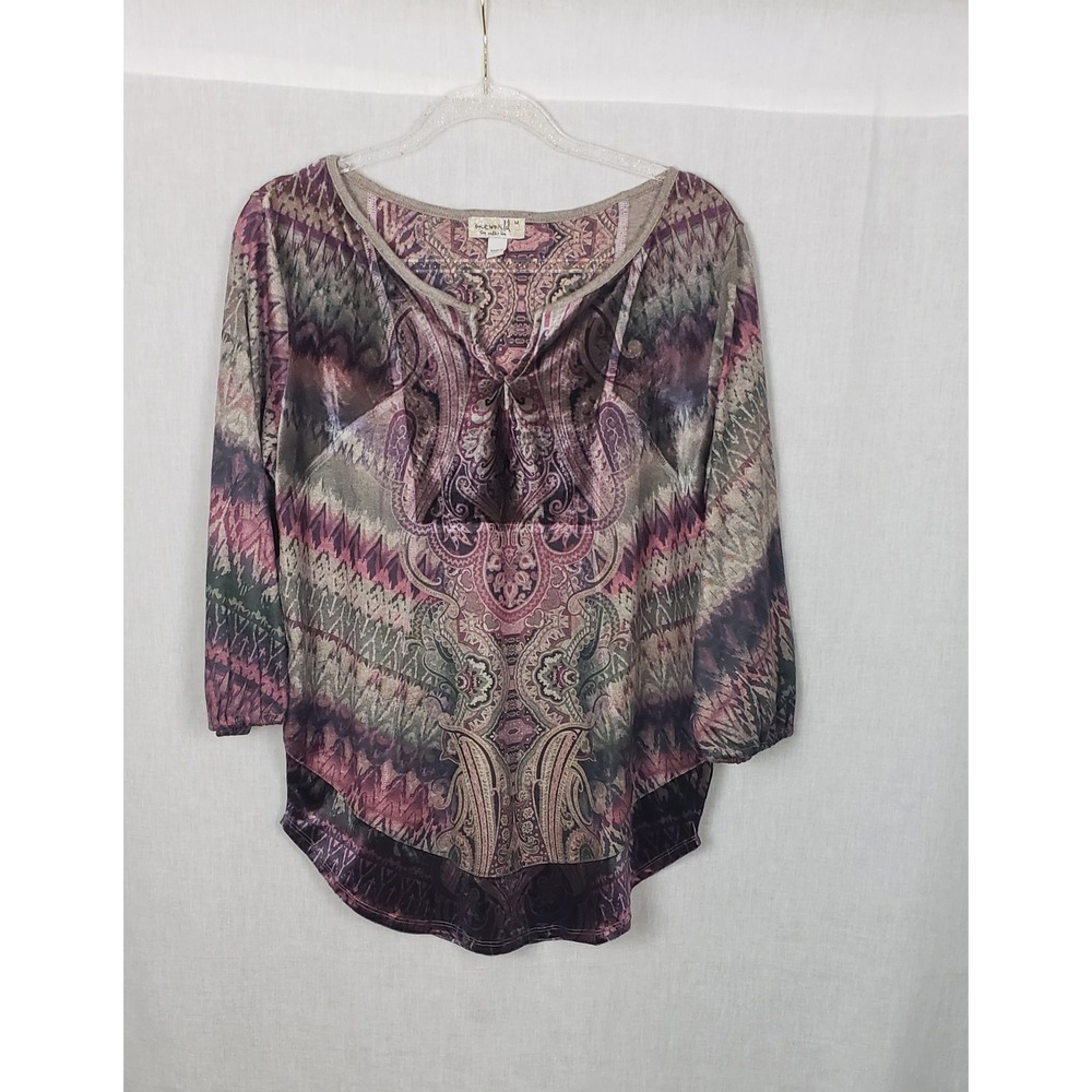 One World Live and Let Live M Purple Paisley Velvet Velour Tunic Blouse Fall
